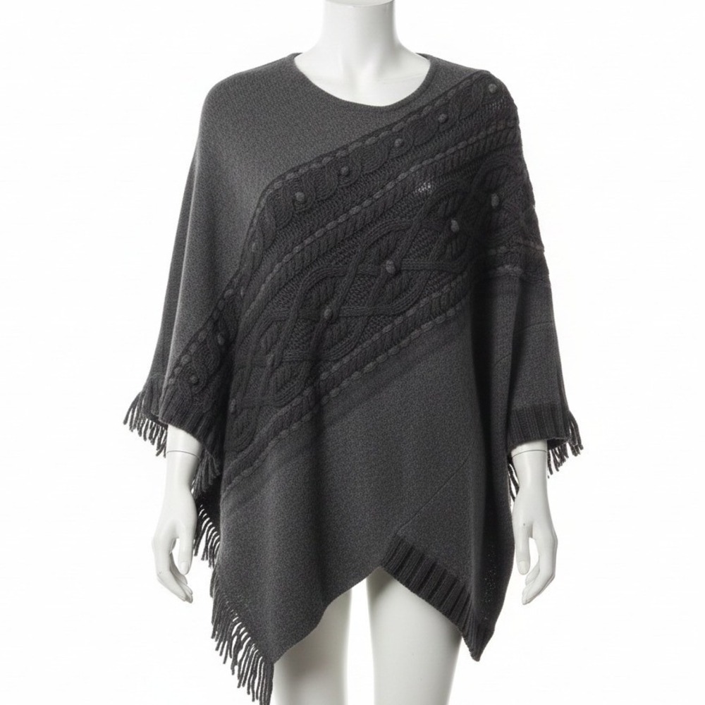 Anthropologie Sleeping‎ on Snow Gray Cable Knit Fringe Poncho Sweater Wrap XS/S